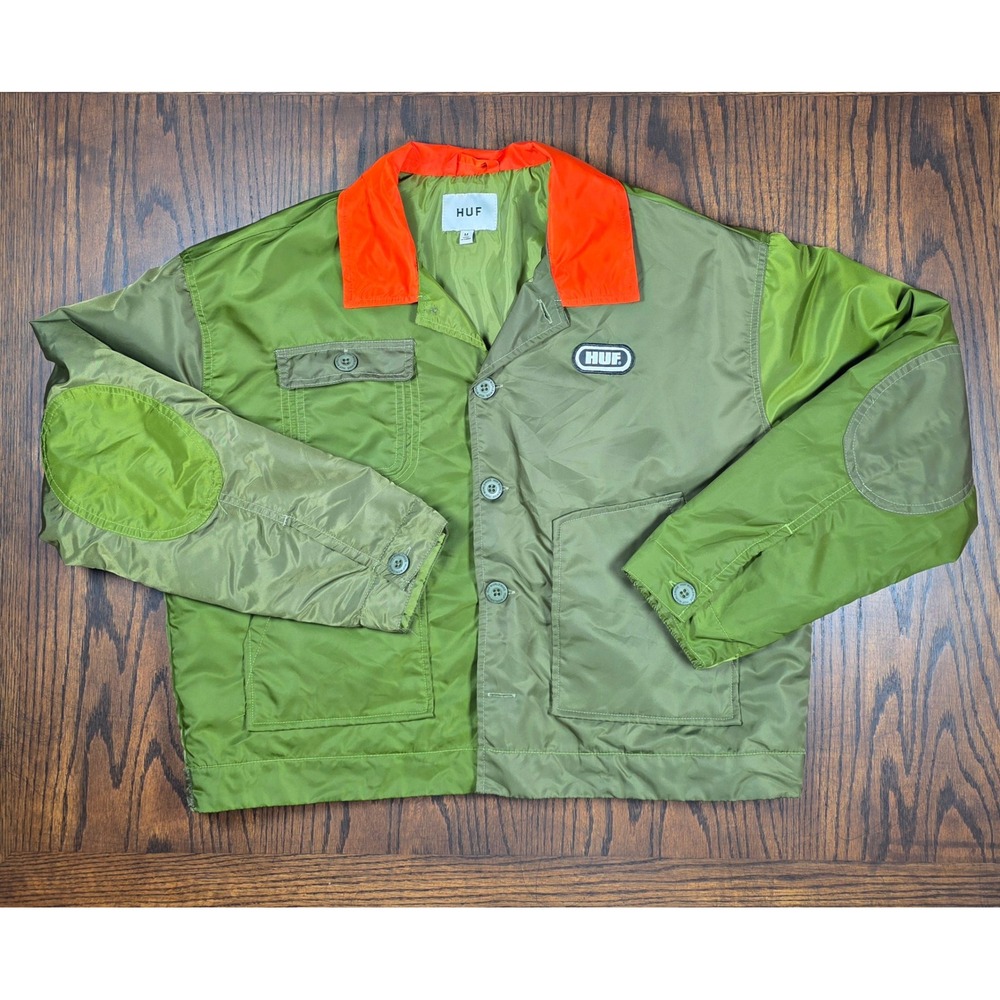 HUF Nylon Work Jacket Olive Green Orange Colorblock Button Front Logo Patch M